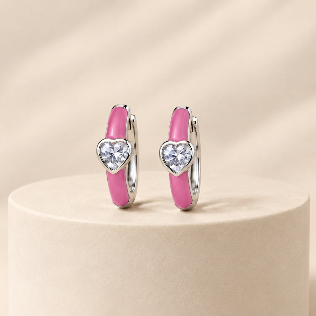 Cupid's Love — Enamel & CZ Heart Huggie Earrings